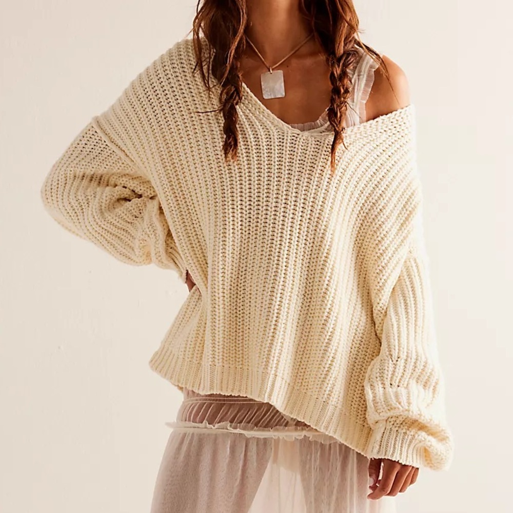 We The Free Cream Cuddle V Neck Sweater